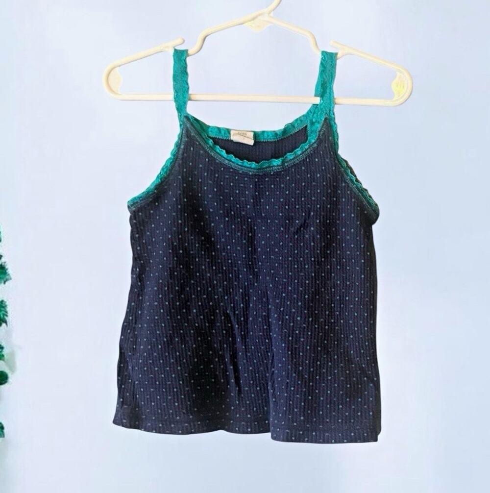 Vintage Old Navy Girls Navy Polka Dot Tank Top Teal Lace Trim Scoop Neck XS 5